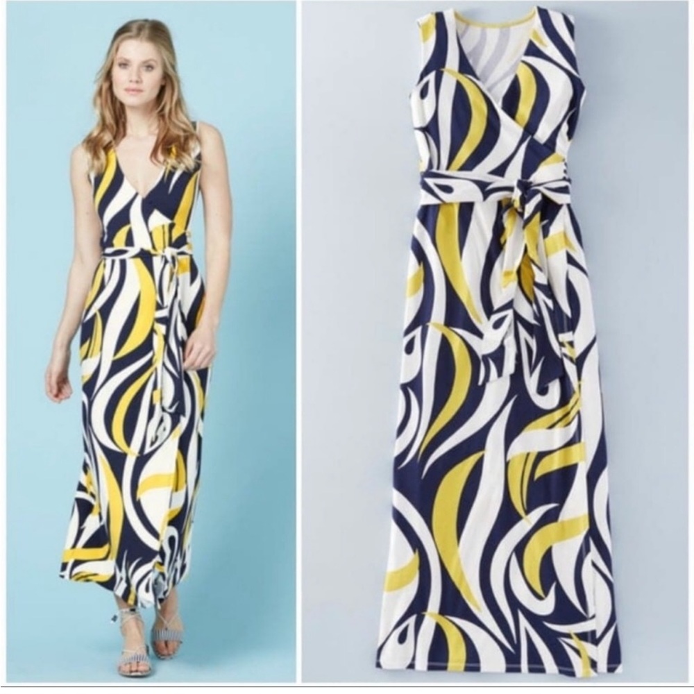 Boden 2R yellow navy white Marcia long wrap dress small